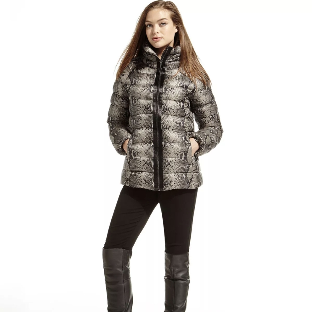 DIANE VON FURSTENBERG SzXS JANE QUILTED PYTON-PRINT STAND-COLLAR PUFER COAT XS